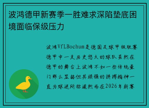 波鸿德甲新赛季一胜难求深陷垫底困境面临保级压力 波鸿德甲新赛季一胜难求深陷垫底困境面临保级压力