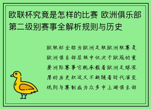 欧联杯究竟是怎样的比赛 欧洲俱乐部第二级别赛事全解析规则与历史 欧联杯究竟是怎样的比赛 欧洲俱乐部第二级别赛事全解析规则与历史