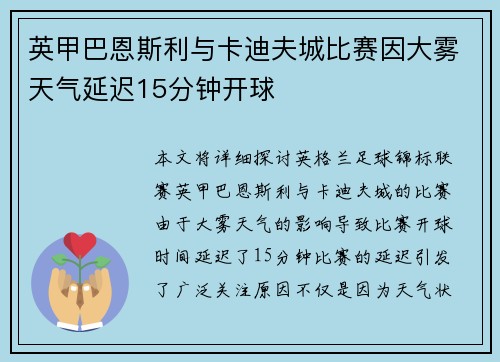 英甲巴恩斯利与卡迪夫城比赛因大雾天气延迟15分钟开球 英甲巴恩斯利与卡迪夫城比赛因大雾天气延迟15分钟开球