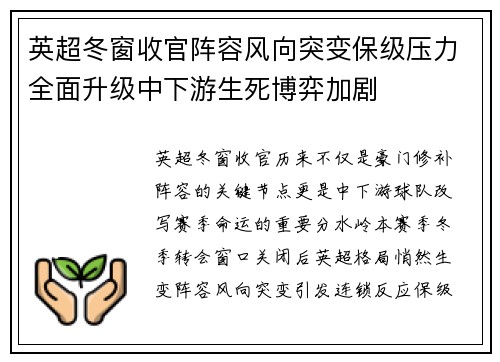 英超冬窗收官阵容风向突变保级压力全面升级中下游生死博弈加剧 英超冬窗收官阵容风向突变保级压力全面升级中下游生死博弈加剧